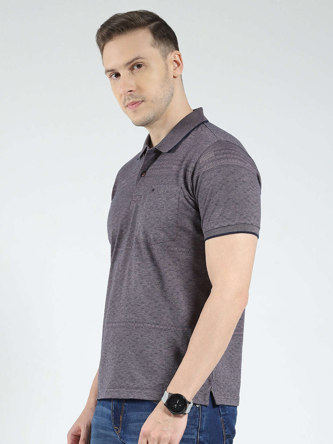Men Grey Solid Collar Half Sleeve T-Shirt