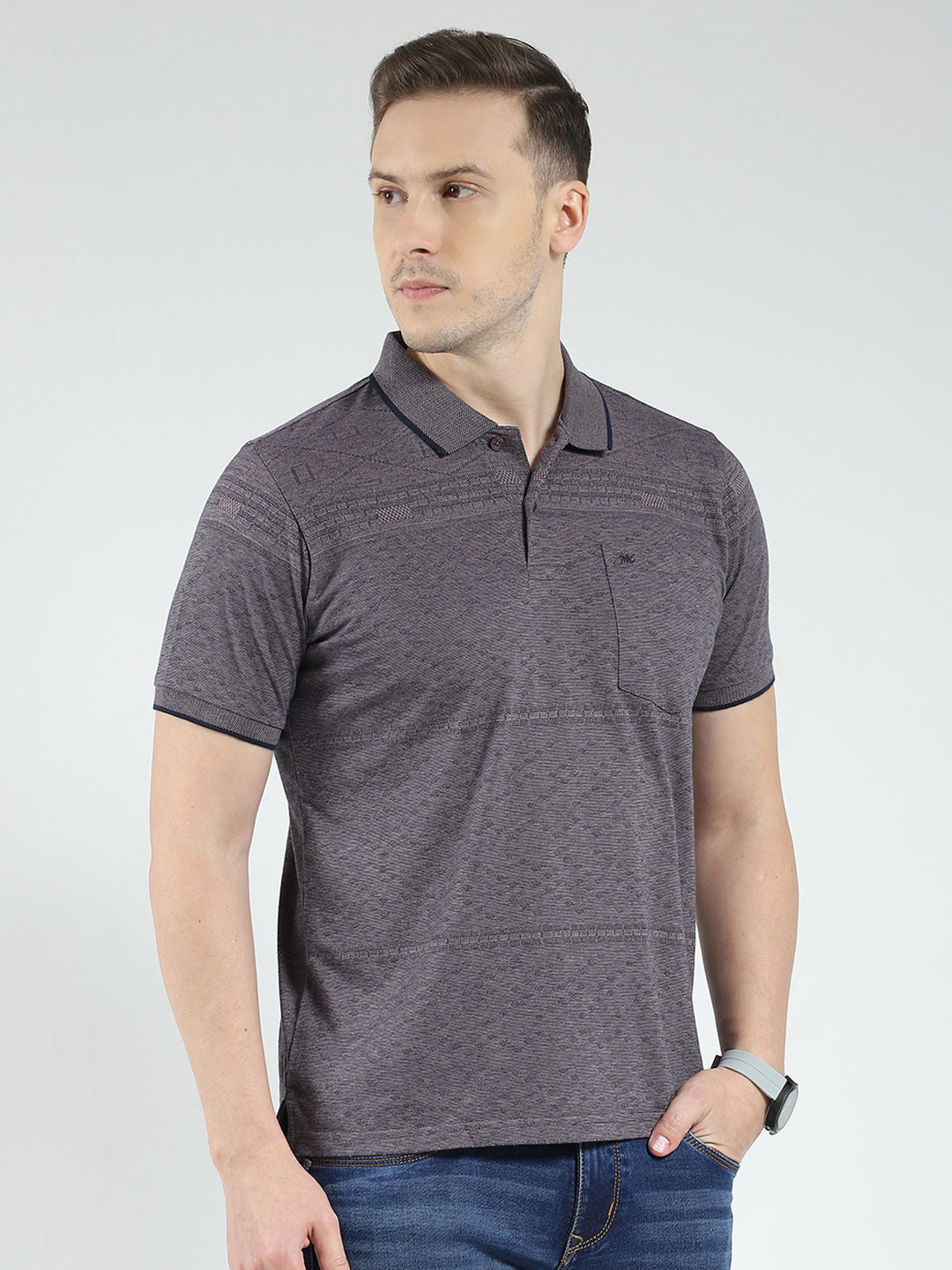 Men Grey Solid Collar Half Sleeve T-Shirt