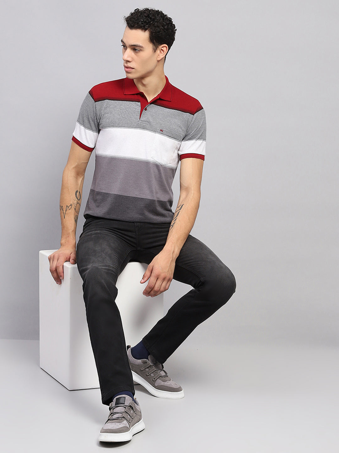 Men Maroon & Grey Stripe Collar Half Sleeve T-Shirt