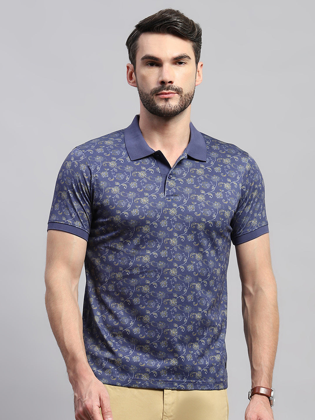 Men Blue Printed Collar Half Sleeve T-Shirt