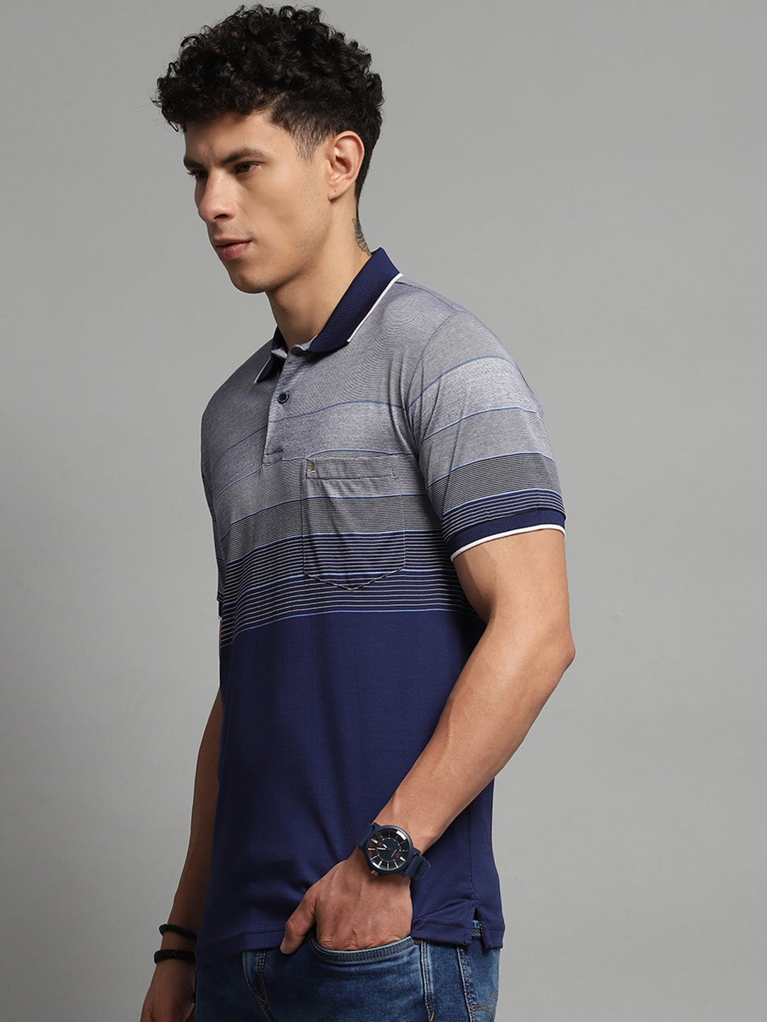 Luxuria Men Navy Blue Stripe Collar Half Sleeve T-Shirt