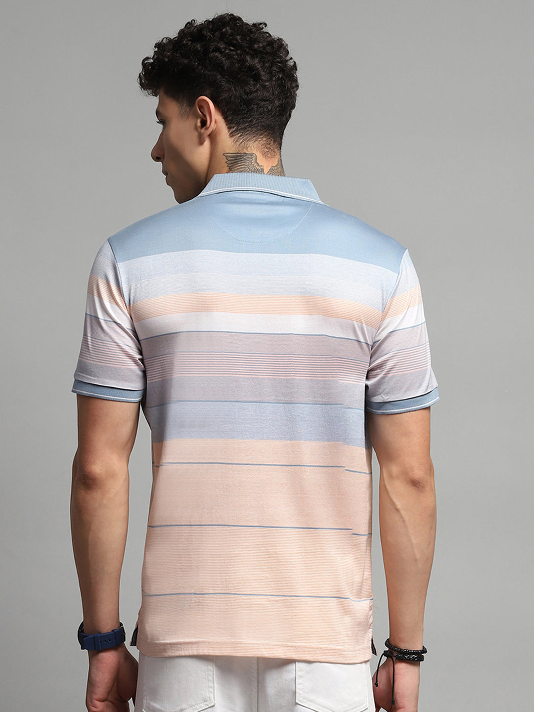 Luxuria Men Blue Stripe Collar Half Sleeve T-Shirt