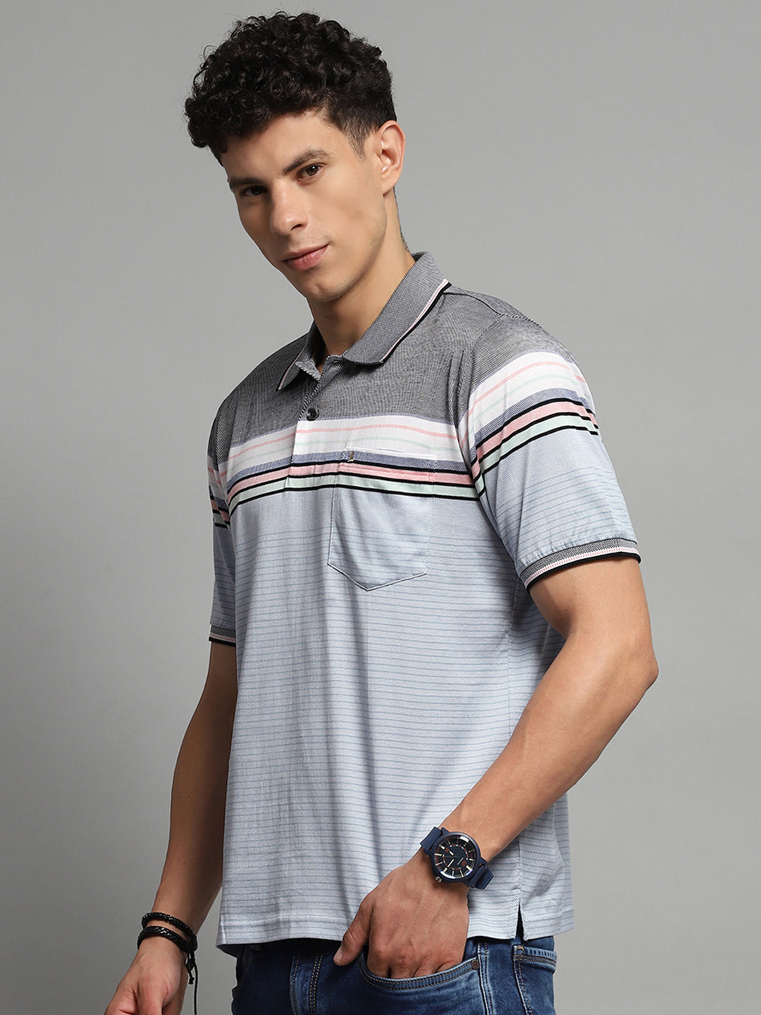 Luxuria Men Blue Stripe Collar Half Sleeve T-Shirt