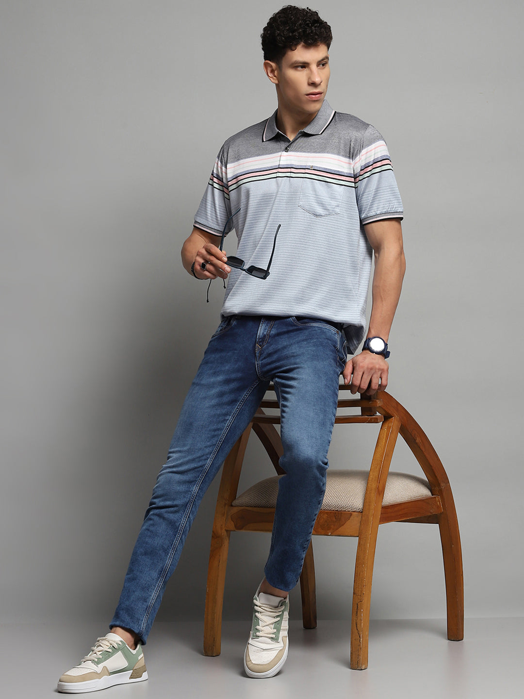 Luxuria Men Blue Stripe Collar Half Sleeve T-Shirt