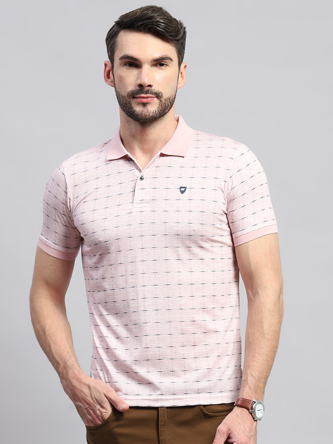 Men Pink Printed Collar Half Sleeve T-Shirt
