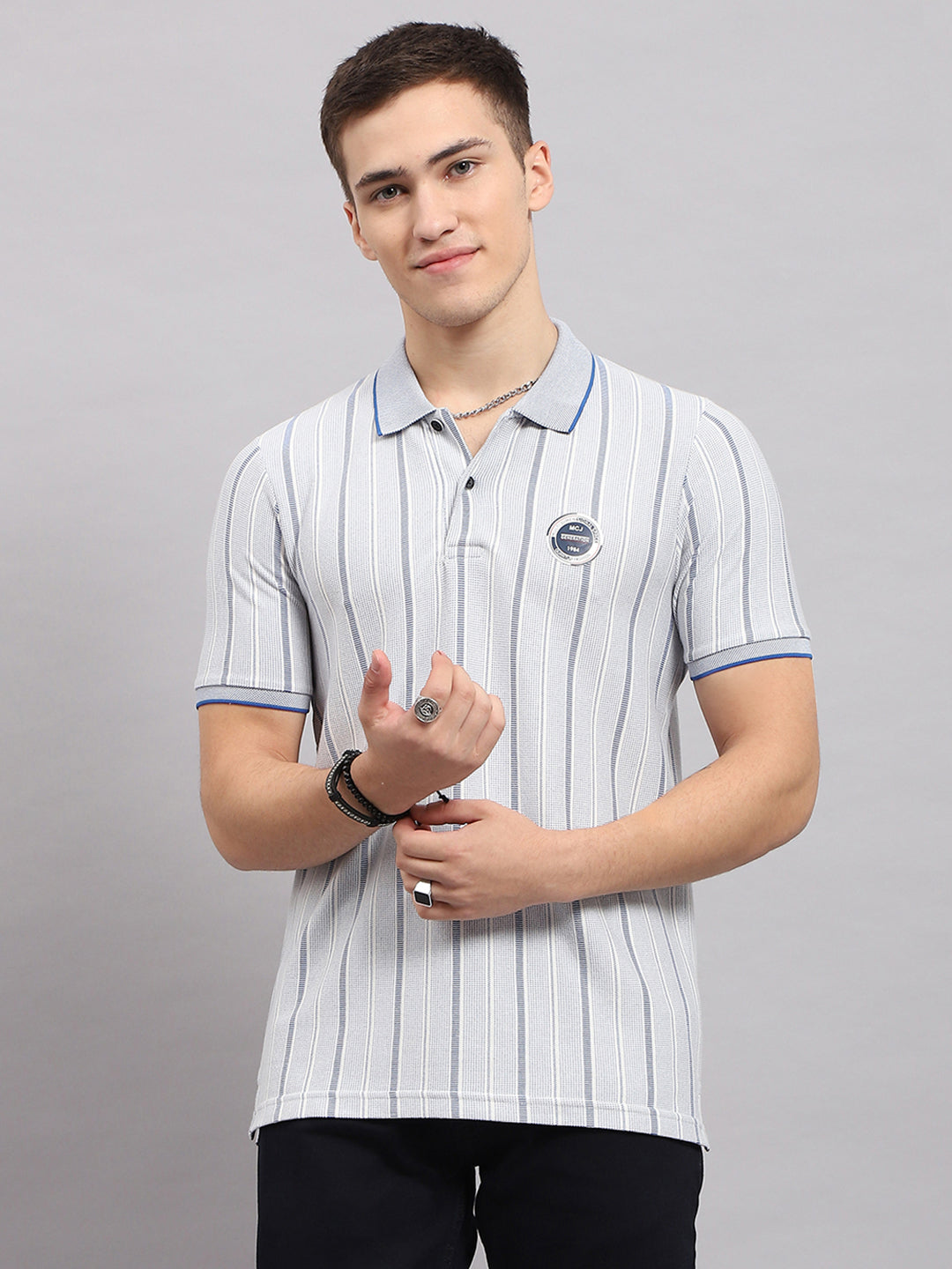 Men Blue Stripe Collar Half Sleeve T-Shirt