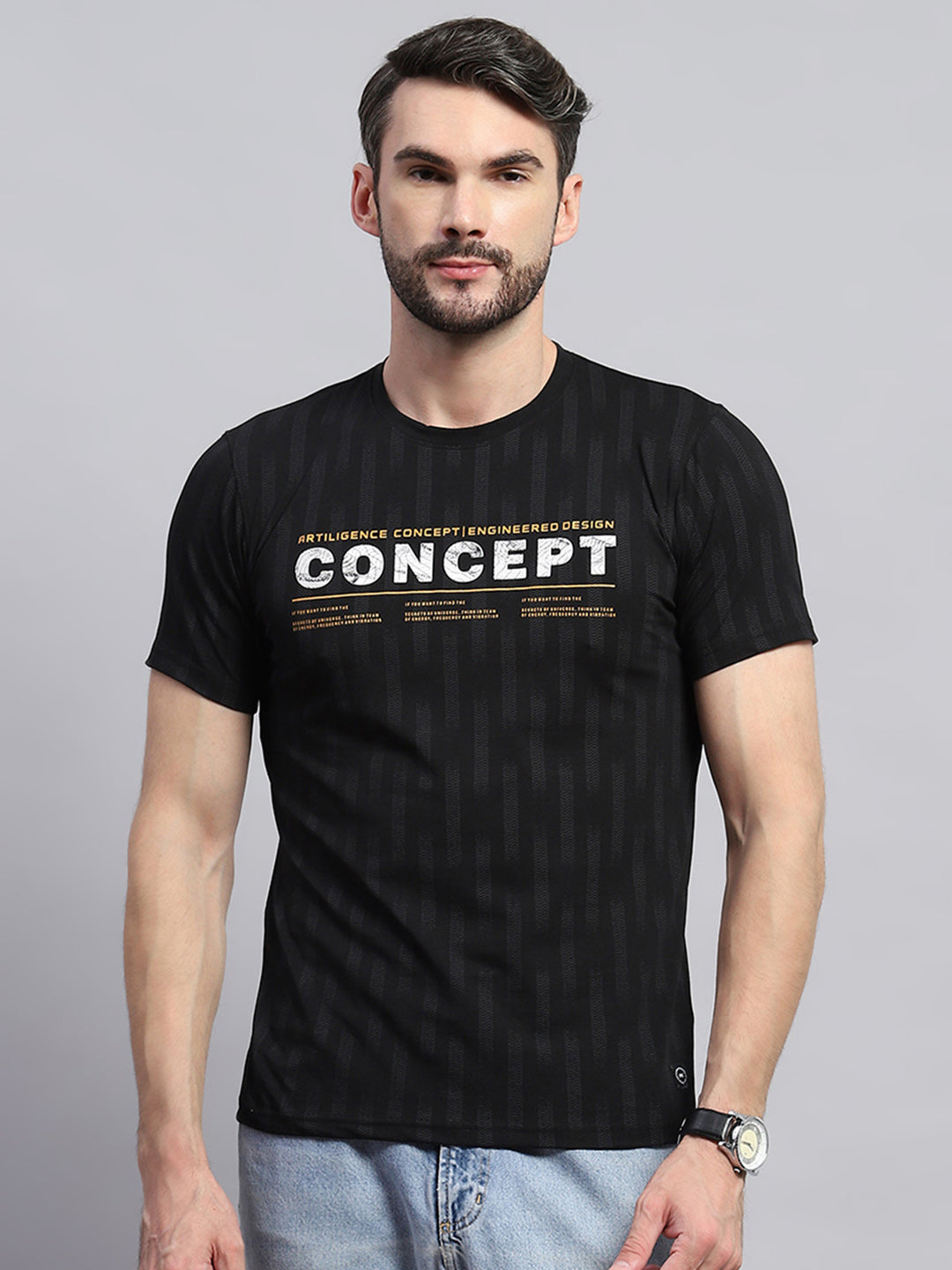 Men Black Printed Round Neck Half Sleeve T-Shirt