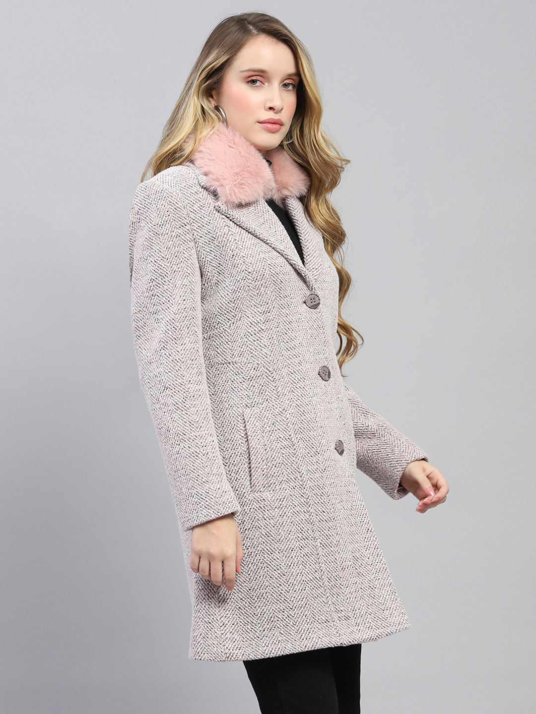 Women Pink Self Design Collar Full Sleeve Coat