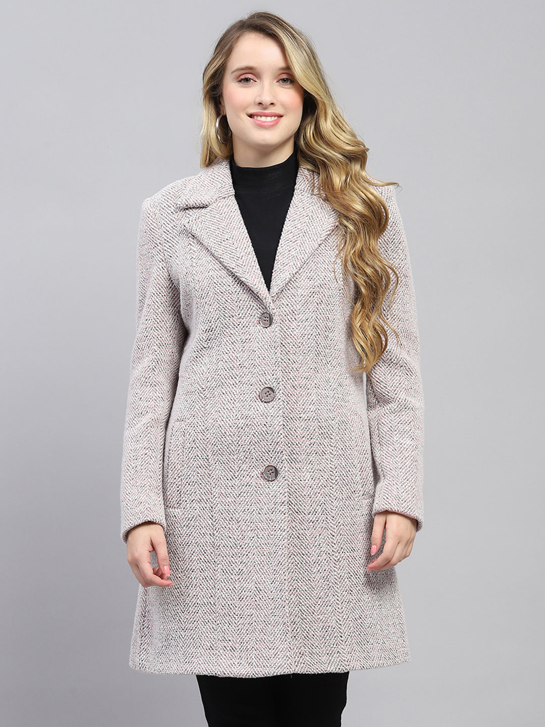 Women Pink Self Design Collar Full Sleeve Coat