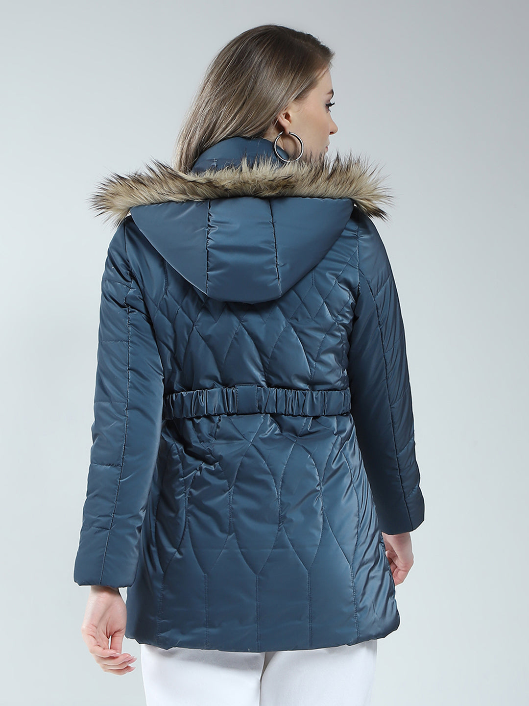 Women Blue Printed Detachable Hood Full Sleeve Jacket