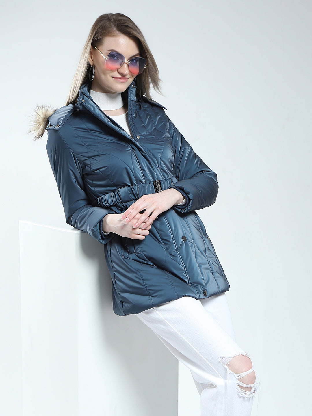 Women Blue Printed Detachable Hood Full Sleeve Jacket