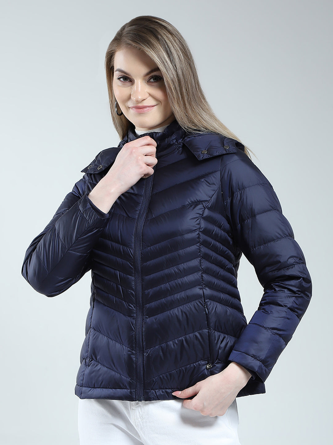 Women Navy Blue Solid Detachable Hood Full Sleeve Jacket