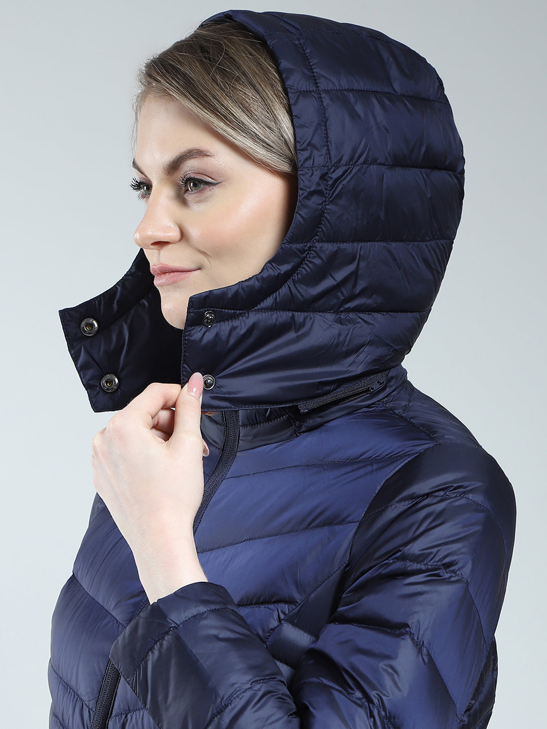 Women Navy Blue Solid Detachable Hood Full Sleeve Jacket