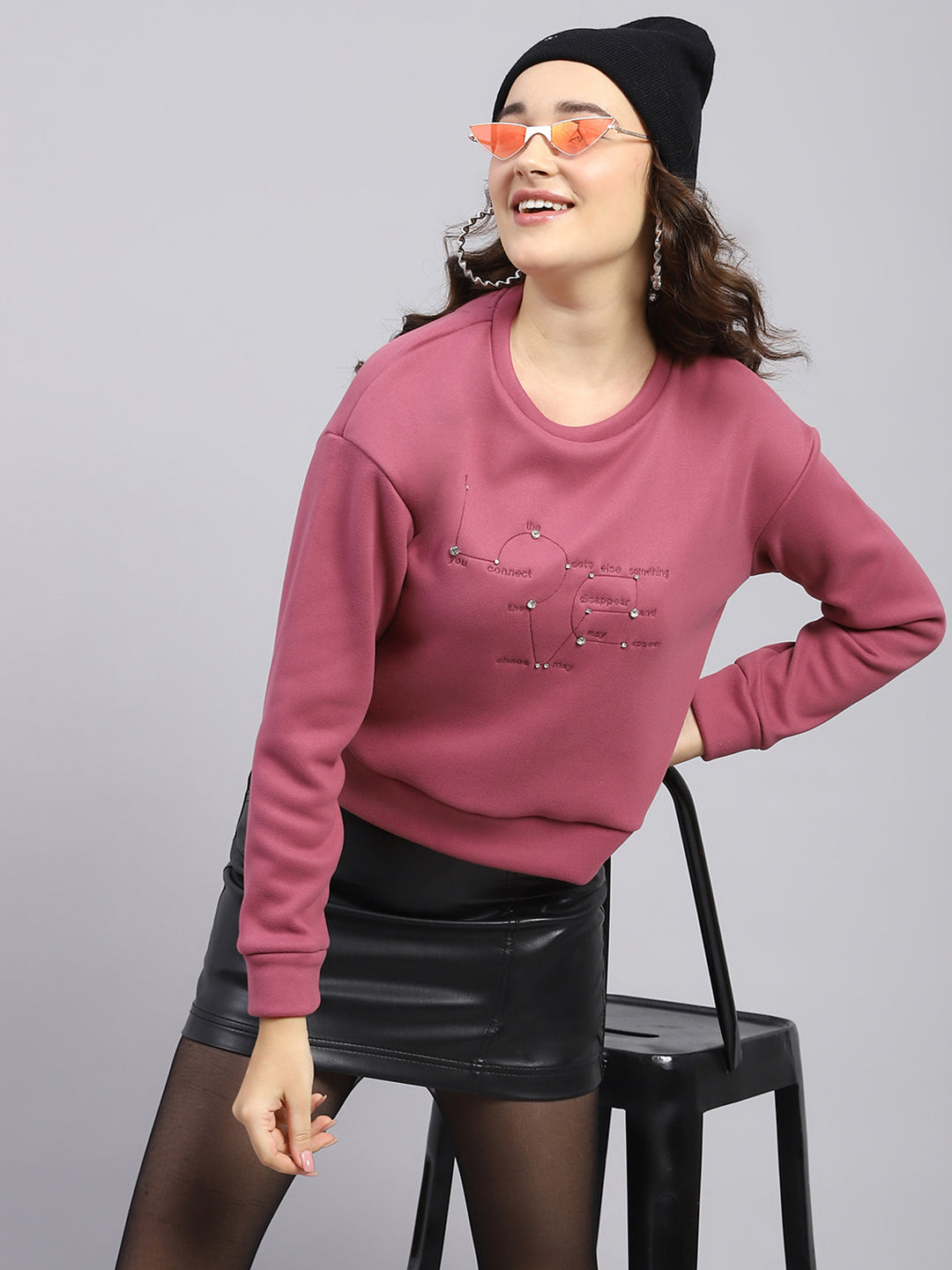 Women Pink Embroidered Round Neck Full Sleeve Sweatshirt