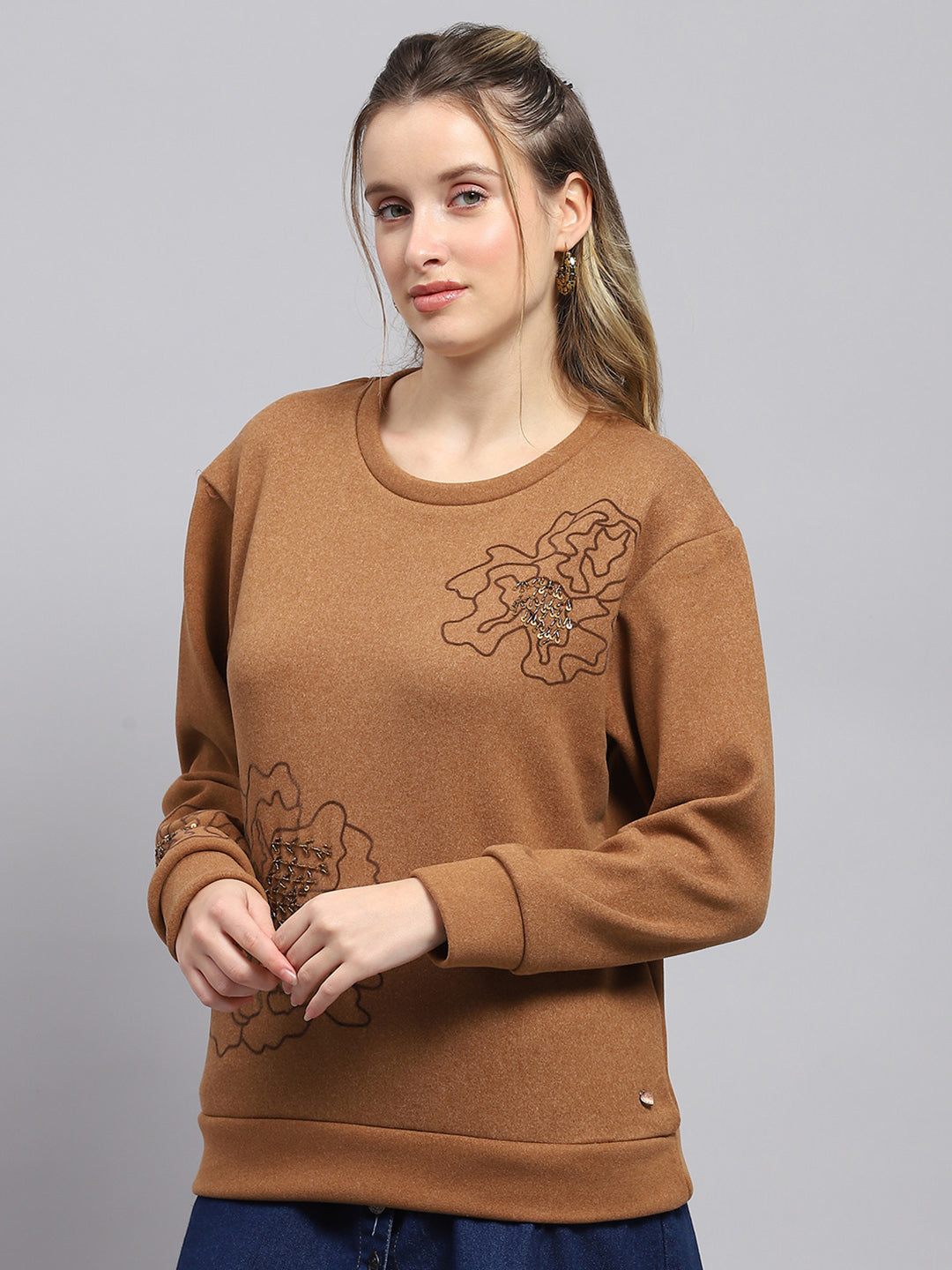 Women Brown Self Design Round Neck Full Sleeve Sweatshirt