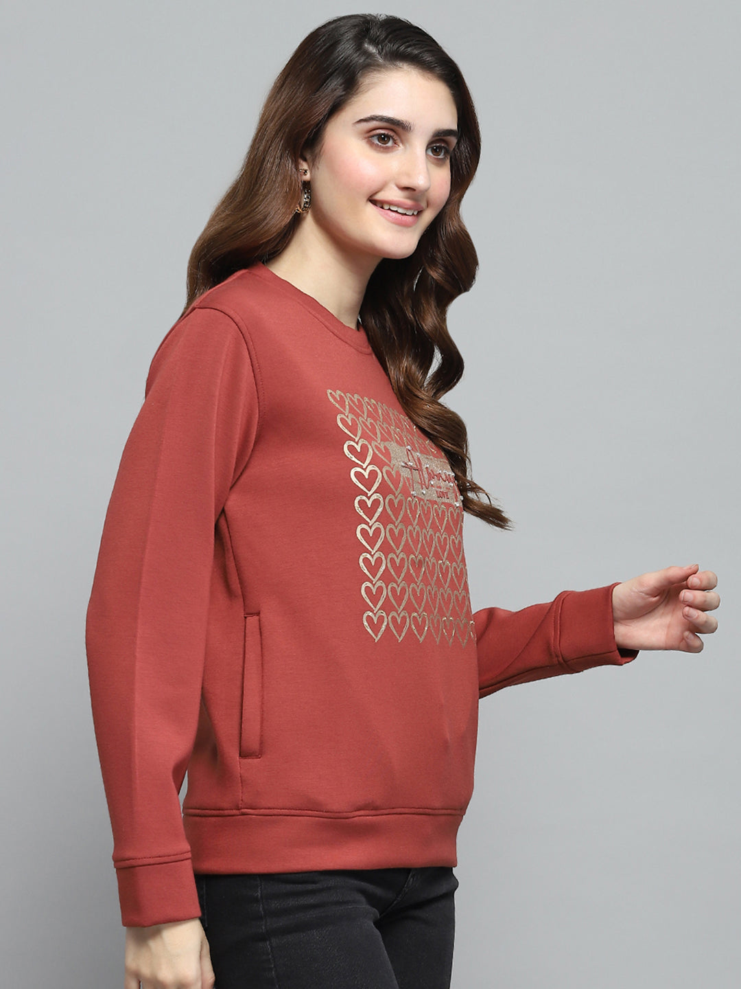 Women Rust Printed Round Neck Full Sleeve Sweatshirt