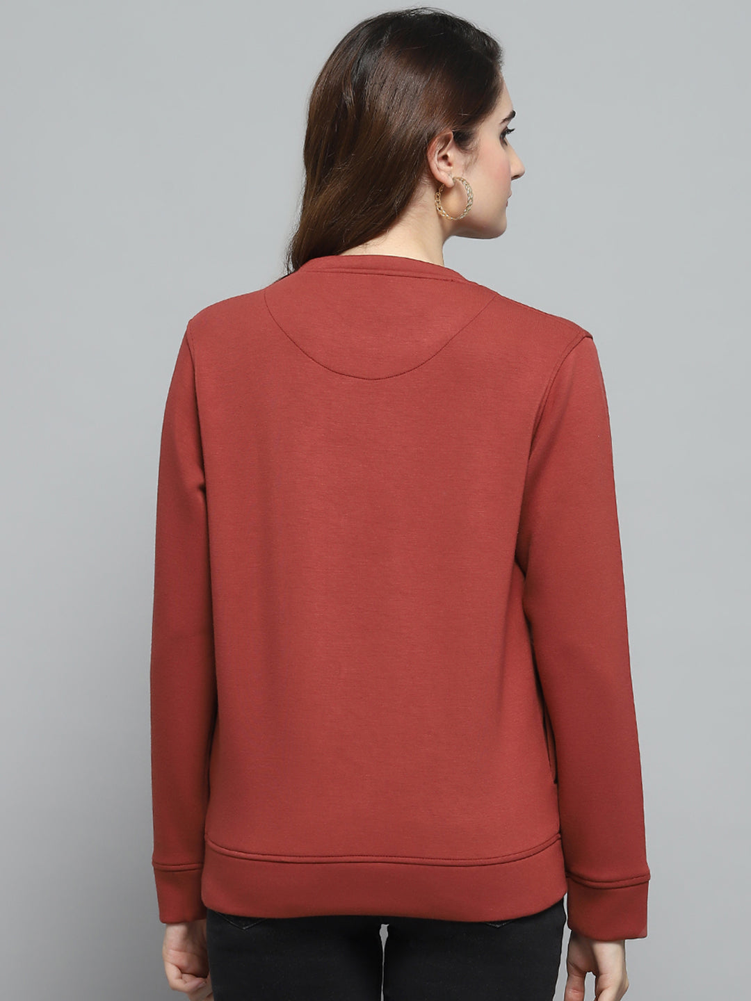 Women Rust Printed Round Neck Full Sleeve Sweatshirt