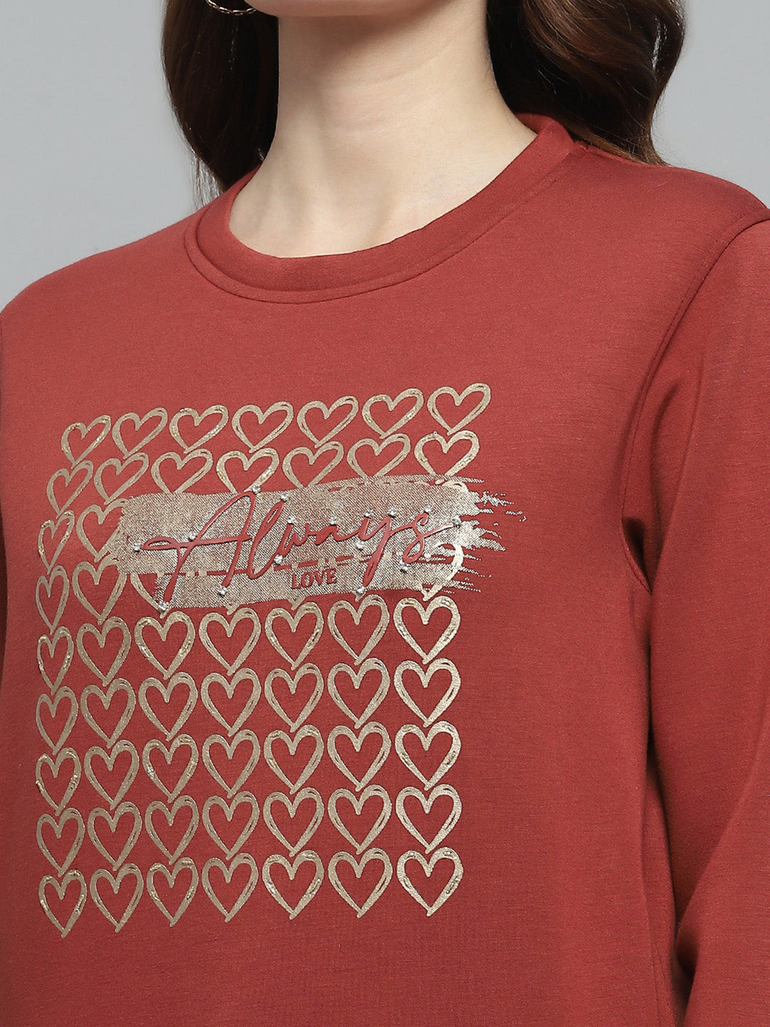 Women Rust Printed Round Neck Full Sleeve Sweatshirt