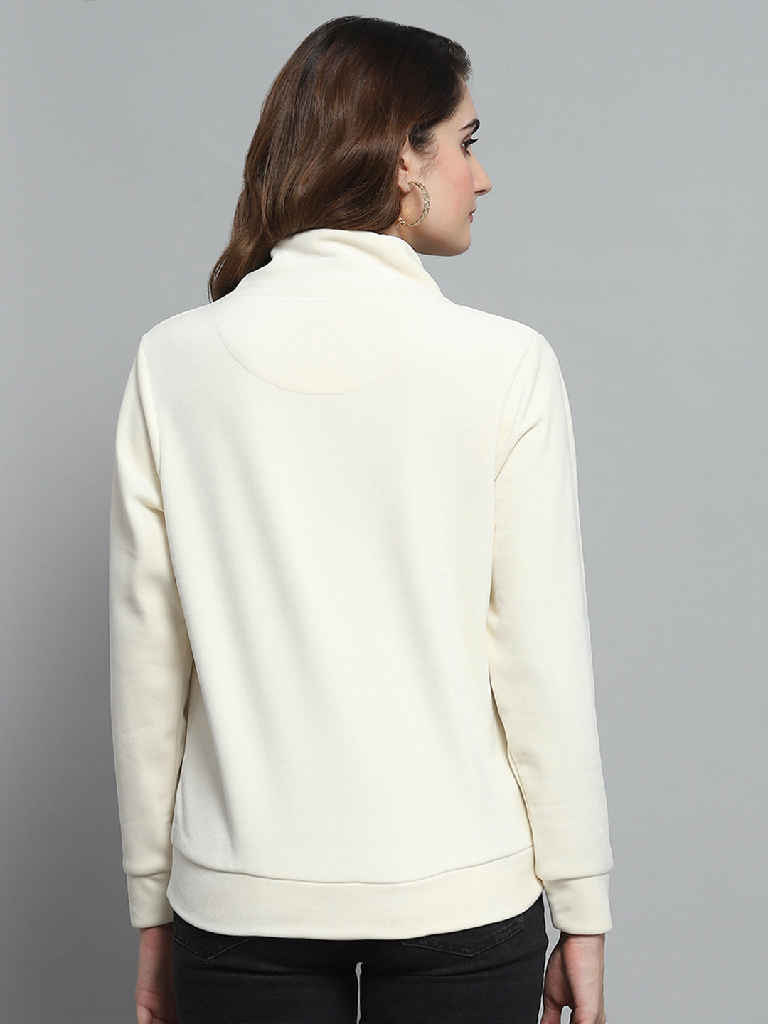 Women White Self Design Mock Neck Full Sleeve Sweatshirt