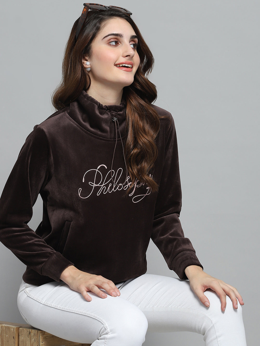 Women Brown Self Design Mock Neck Full Sleeve Sweatshirt