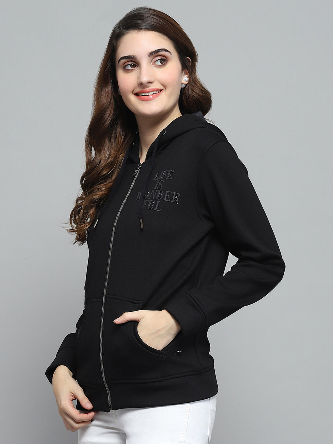 Women Black Printed Hooded Full Sleeve Sweatshirt