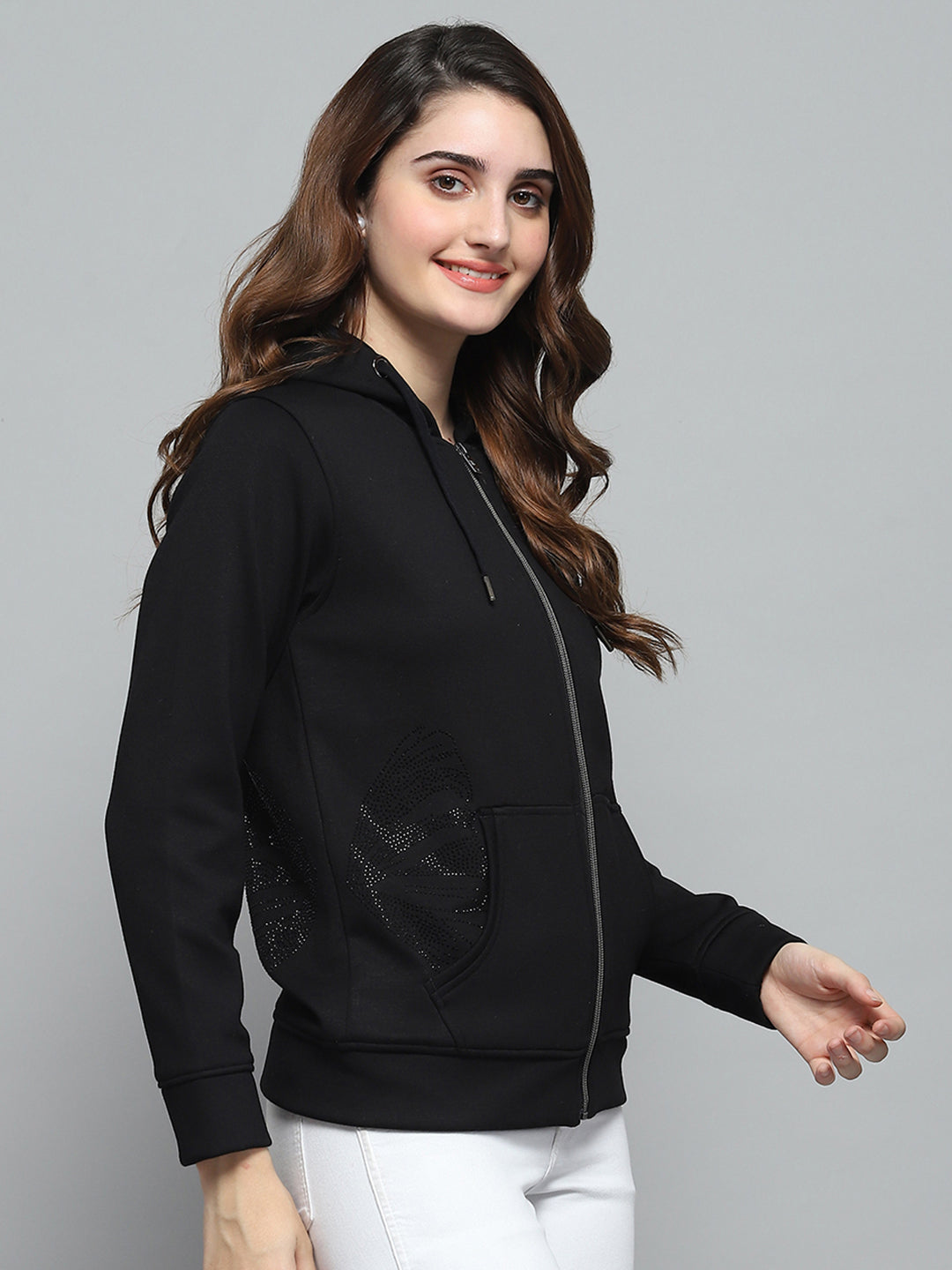 Women Black Printed Hooded Full Sleeve Sweatshirt