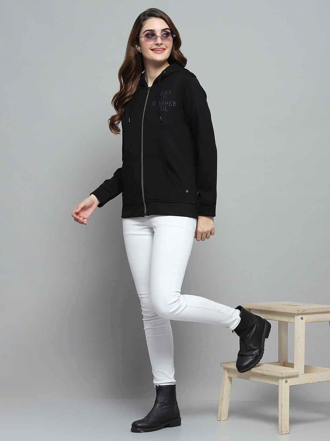 Women Black Printed Hooded Full Sleeve Sweatshirt