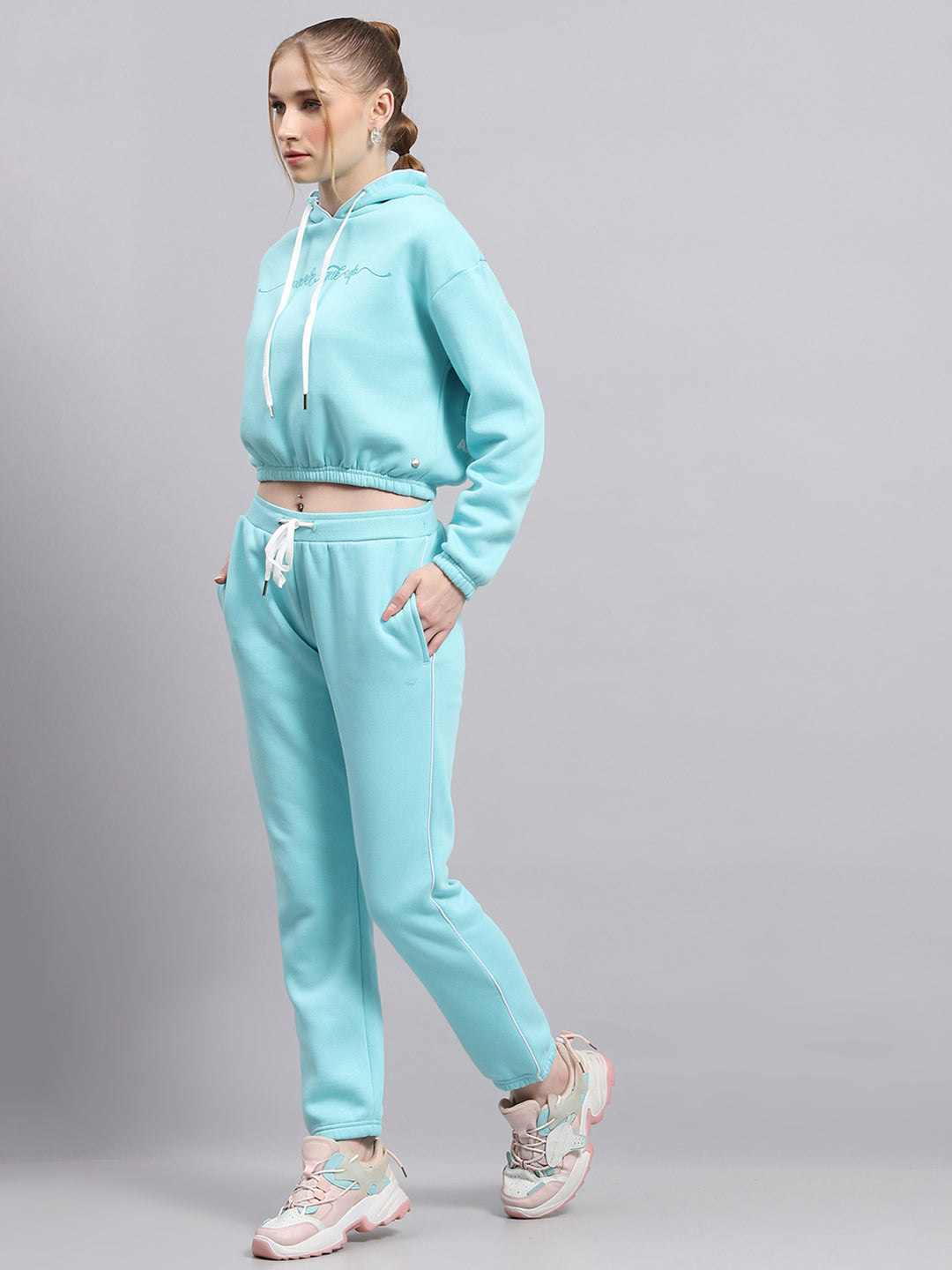 Women Sky Blue Printed Hooded Full Sleeve Tracksuit