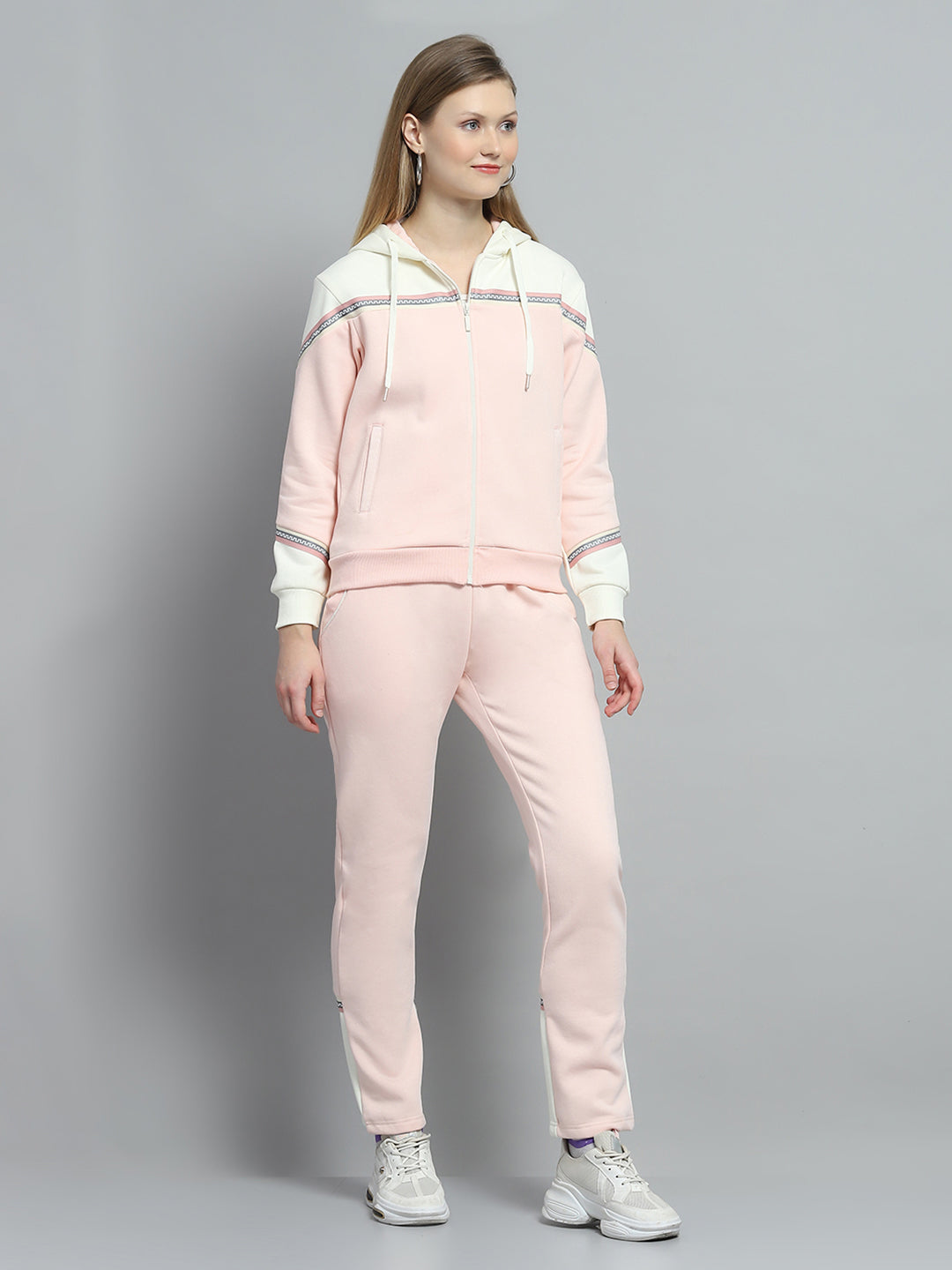Women Peach Solid Hooded Full Sleeve Tracksuit