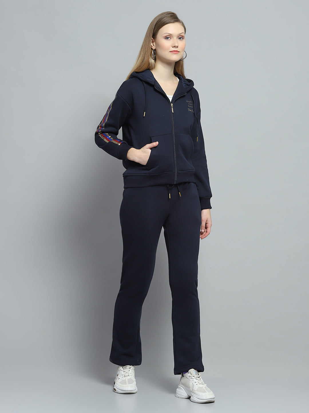 Women Navy Blue Printed Hooded Full Sleeve Tracksuit