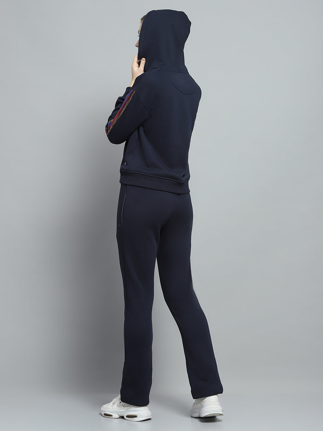Women Navy Blue Printed Hooded Full Sleeve Tracksuit