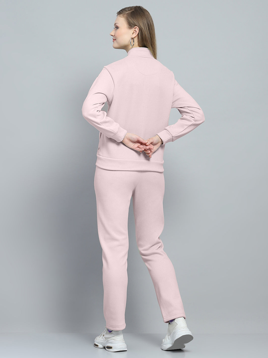Women Pink Printed Mock Neck Full Sleeve Tracksuit