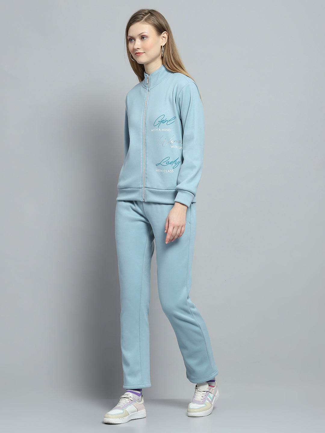 Women Blue Printed Mock Neck Full Sleeve Tracksuit