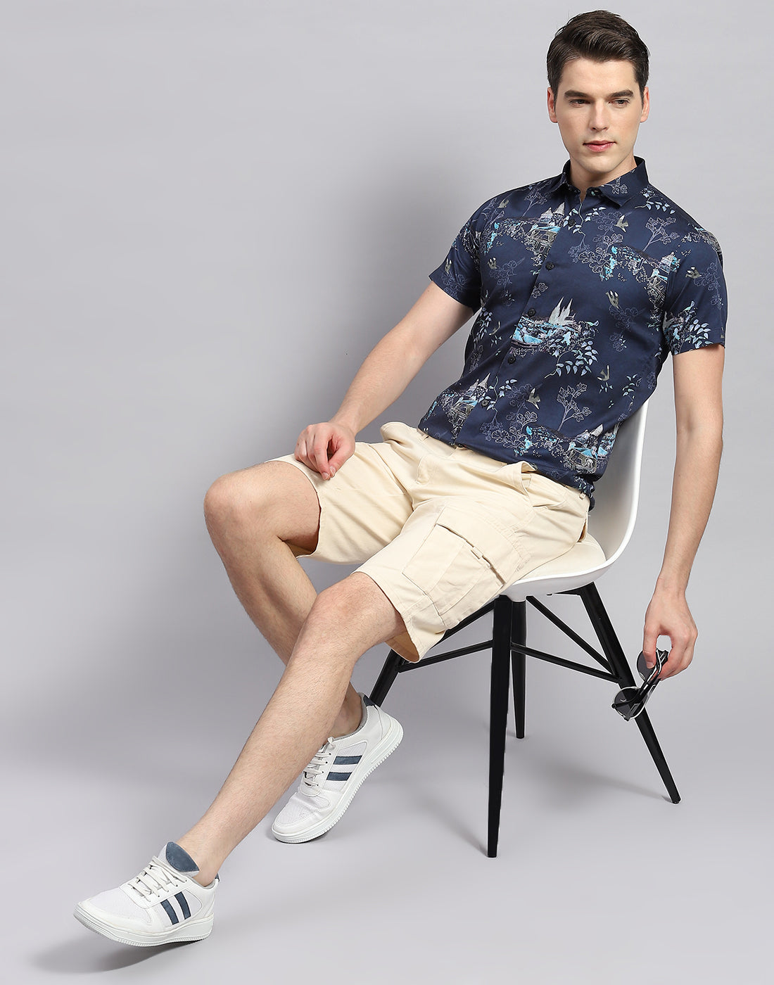 Men Navy Blue Printed Collar Neck Half Sleeve Shirt