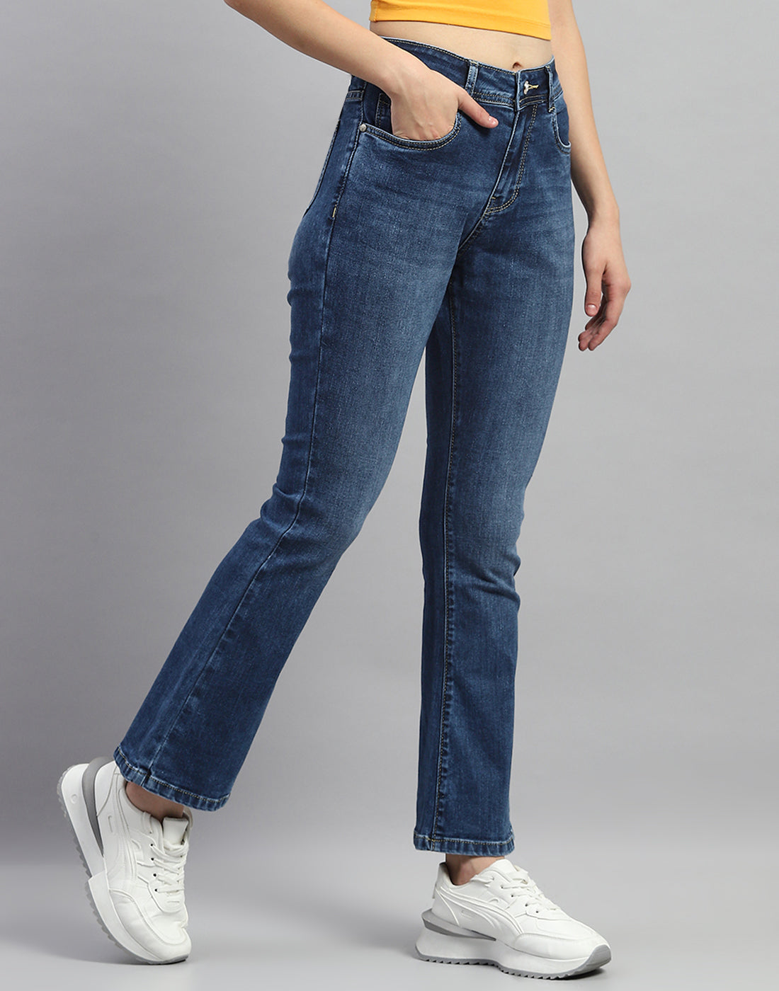 Women Dark Blue Light Wash Bootcut Denim