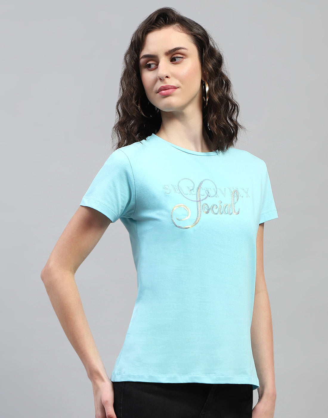 Women Sky Blue Printed Round Neck Half Sleeve Top