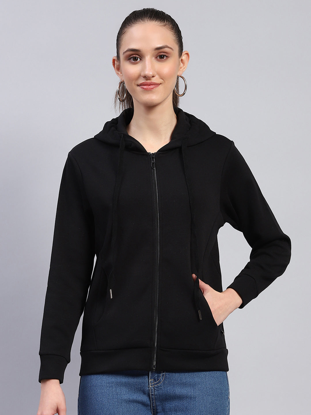 Women Black Solid Hooded Full Sleeve Sweatshirt