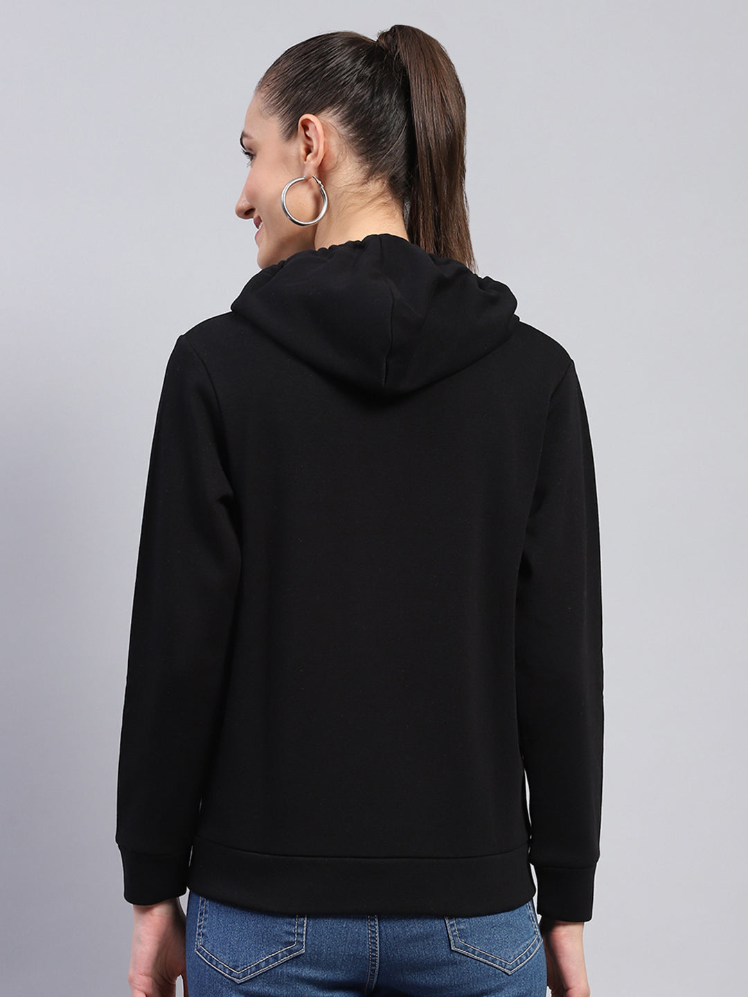 Women Black Solid Hooded Full Sleeve Sweatshirt