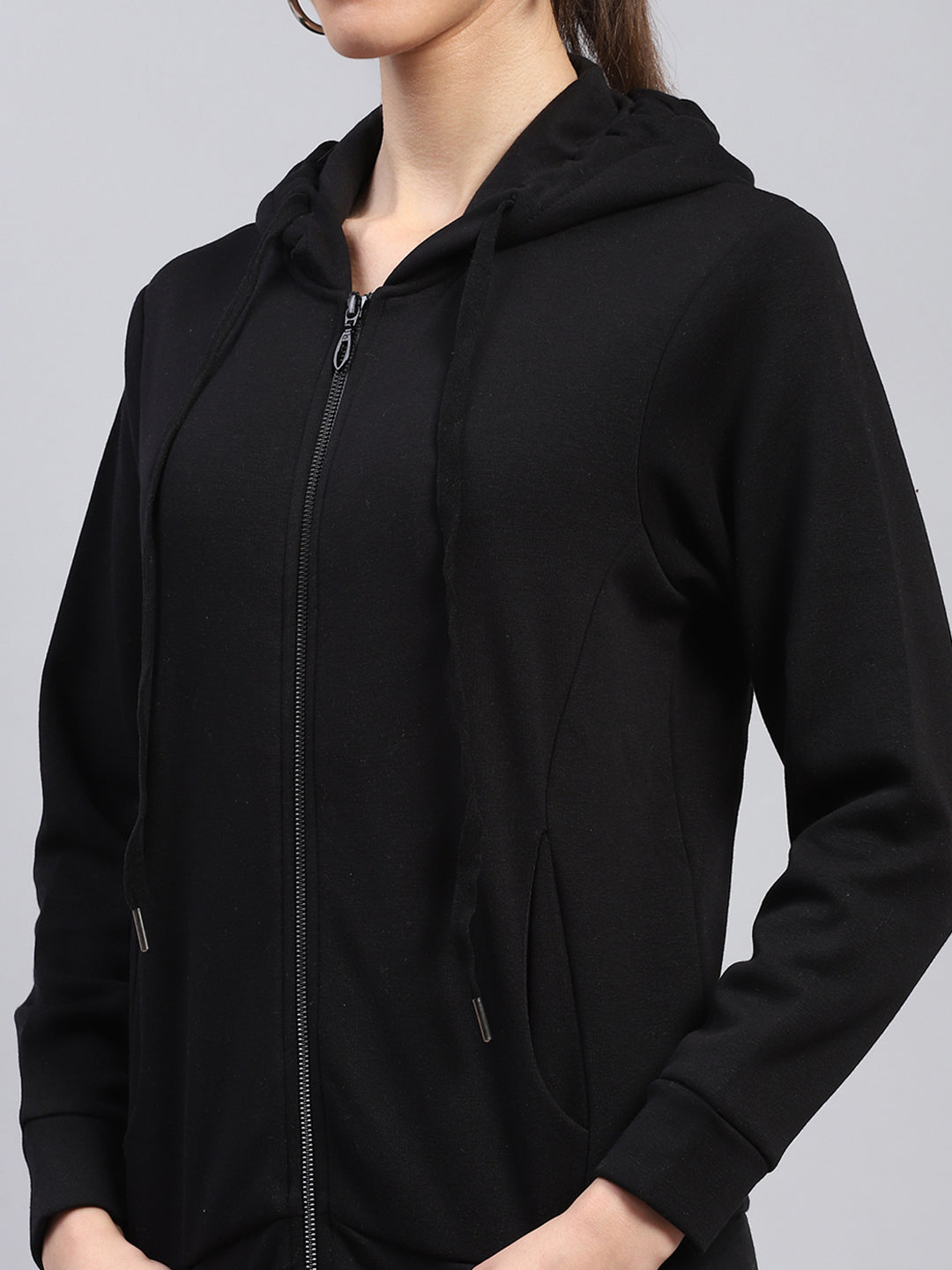Women Black Solid Hooded Full Sleeve Sweatshirt
