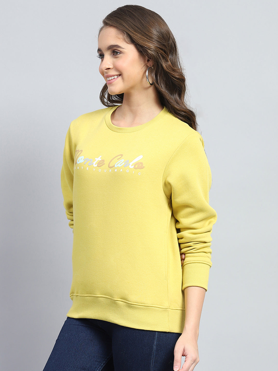 Women Yellow Printed Round Neck Full Sleeve Sweatshirt