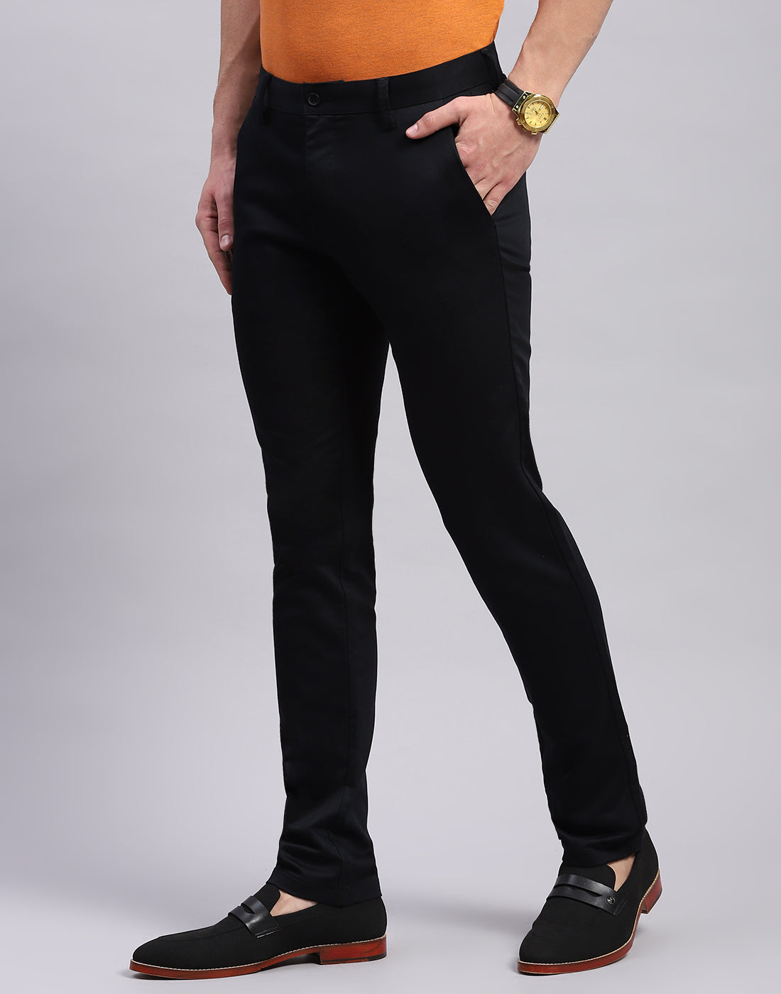 Men Black Solid Regular Fit Trouser