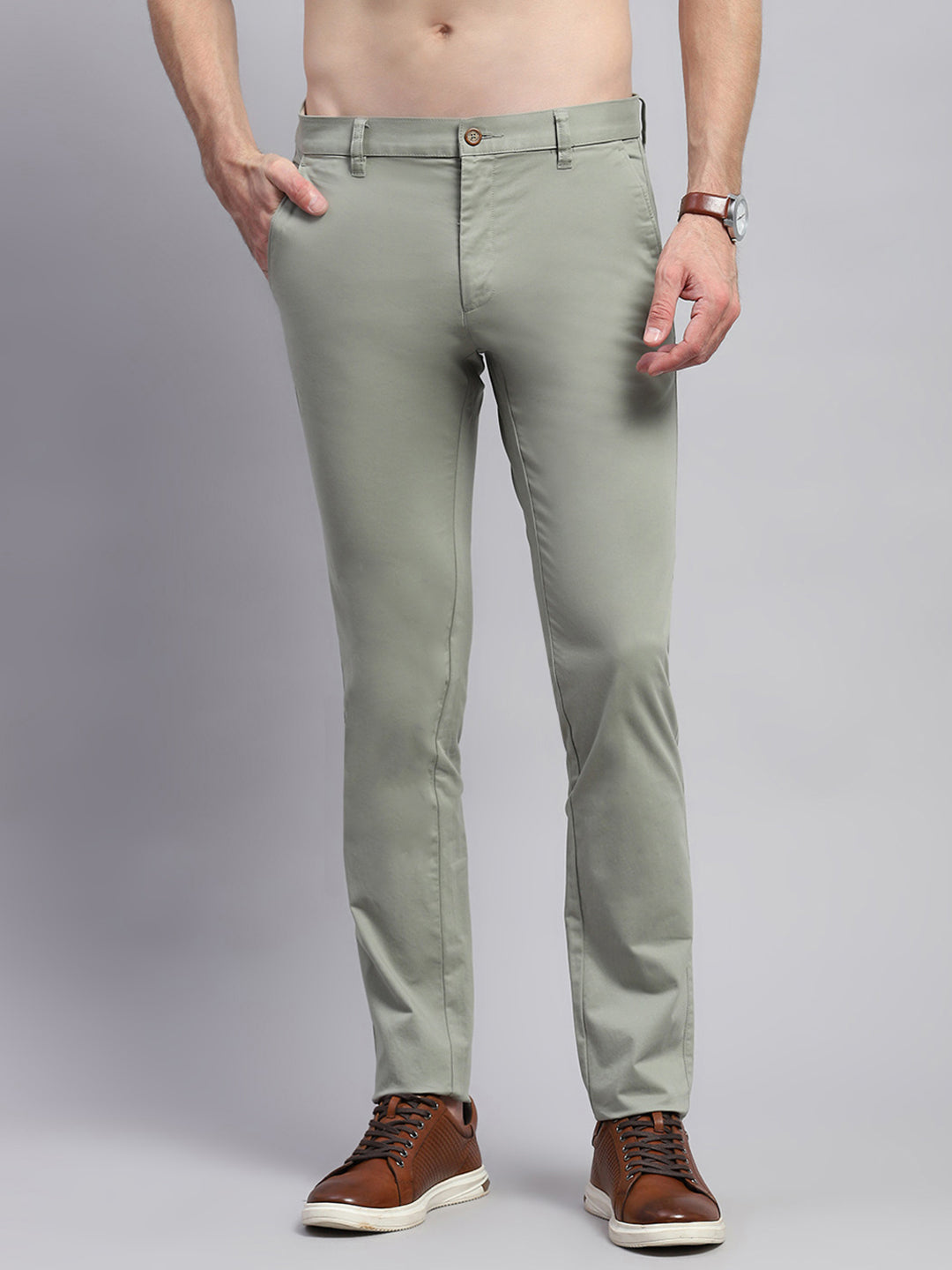 Men Green Solid Regular Fit Trouser