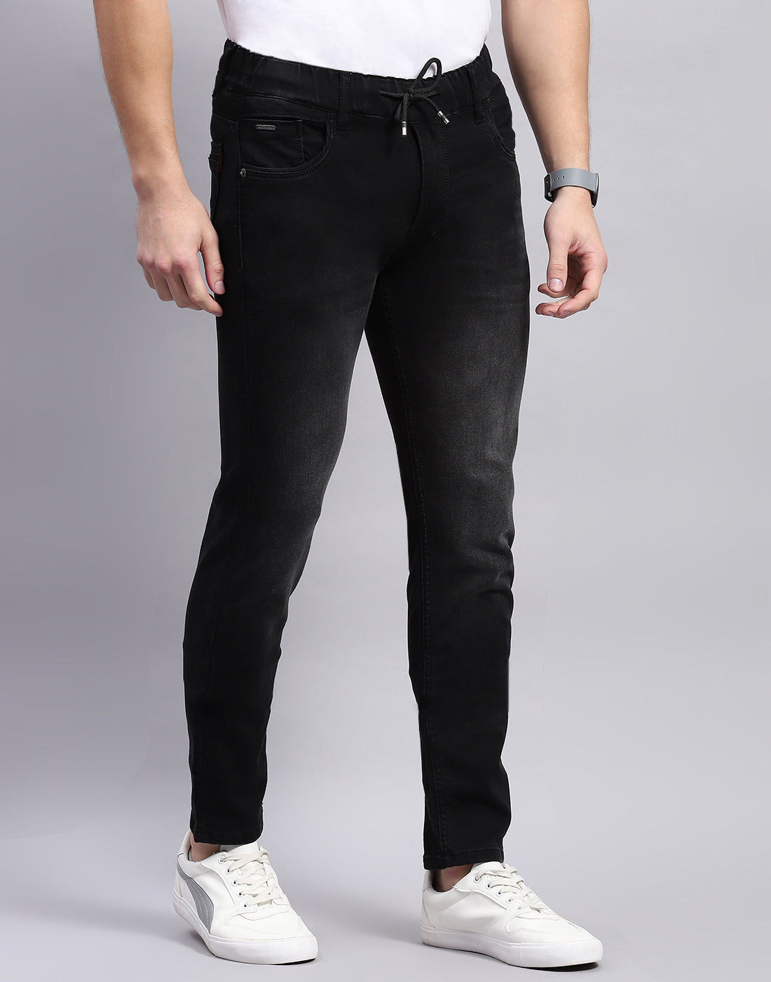 Men Black Light Wash Regular Fit Denim