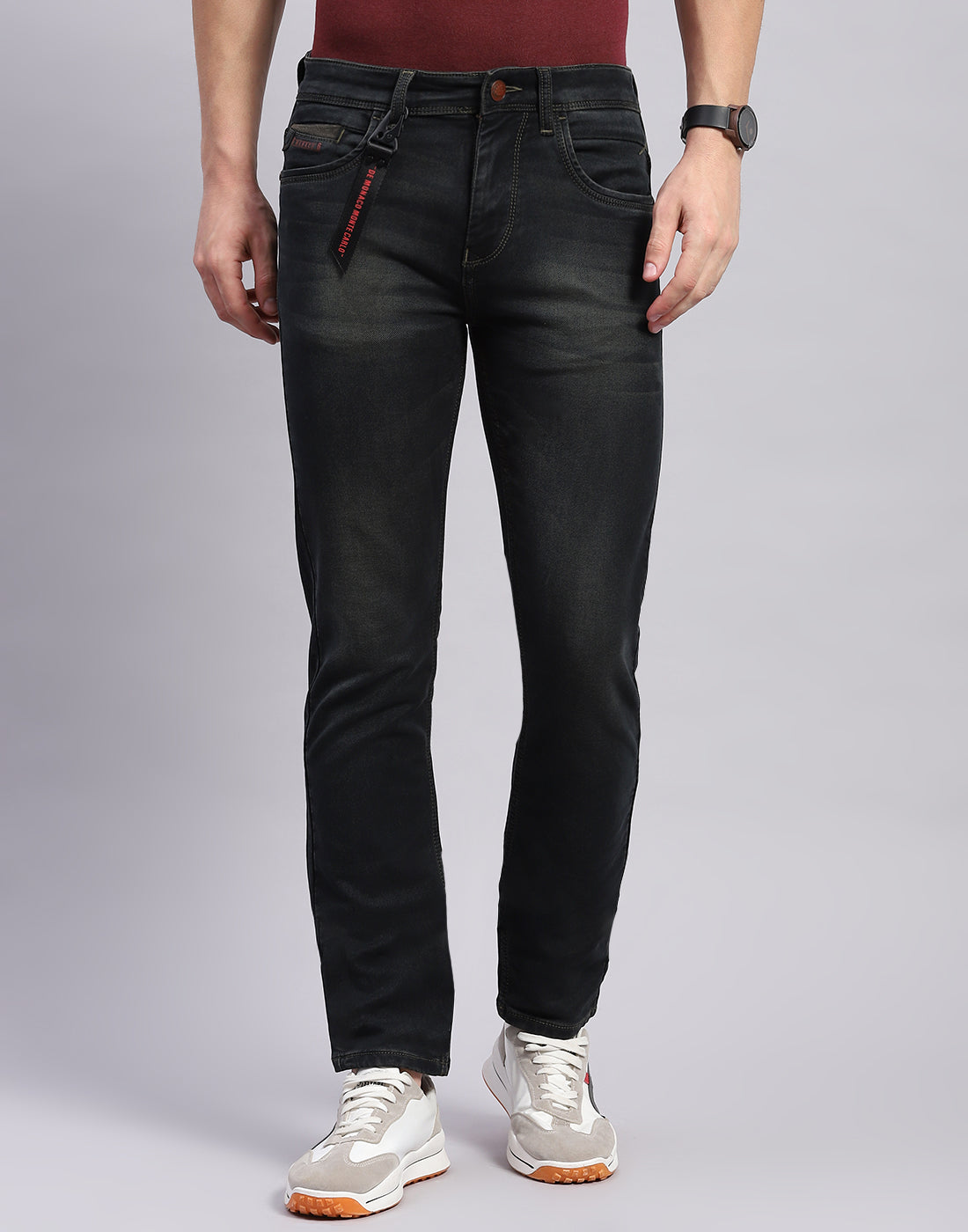Men Black Light Wash Narrow Fit Denim
