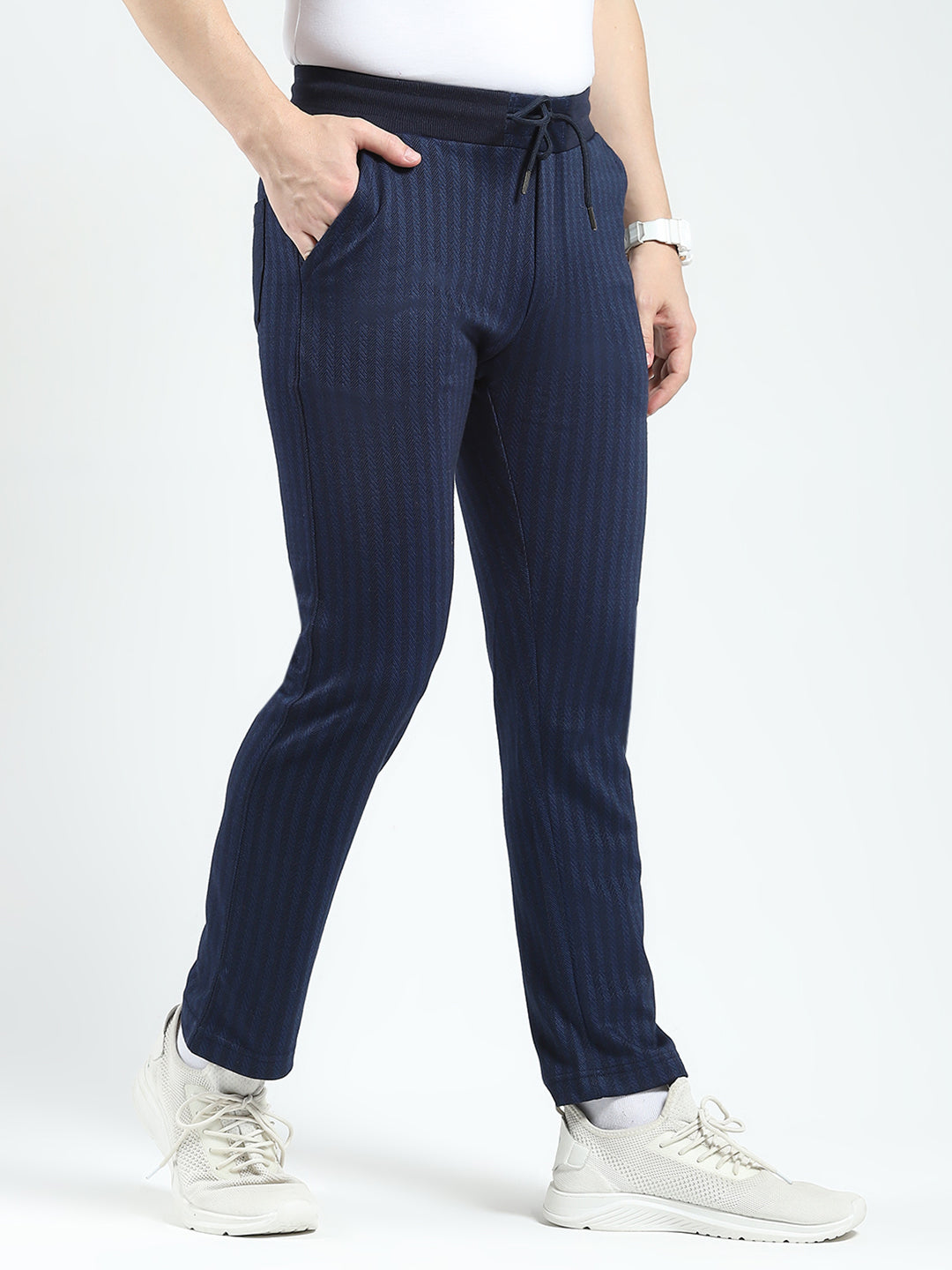 Men Navy Blue Self Design Regular Fit Winter Lower