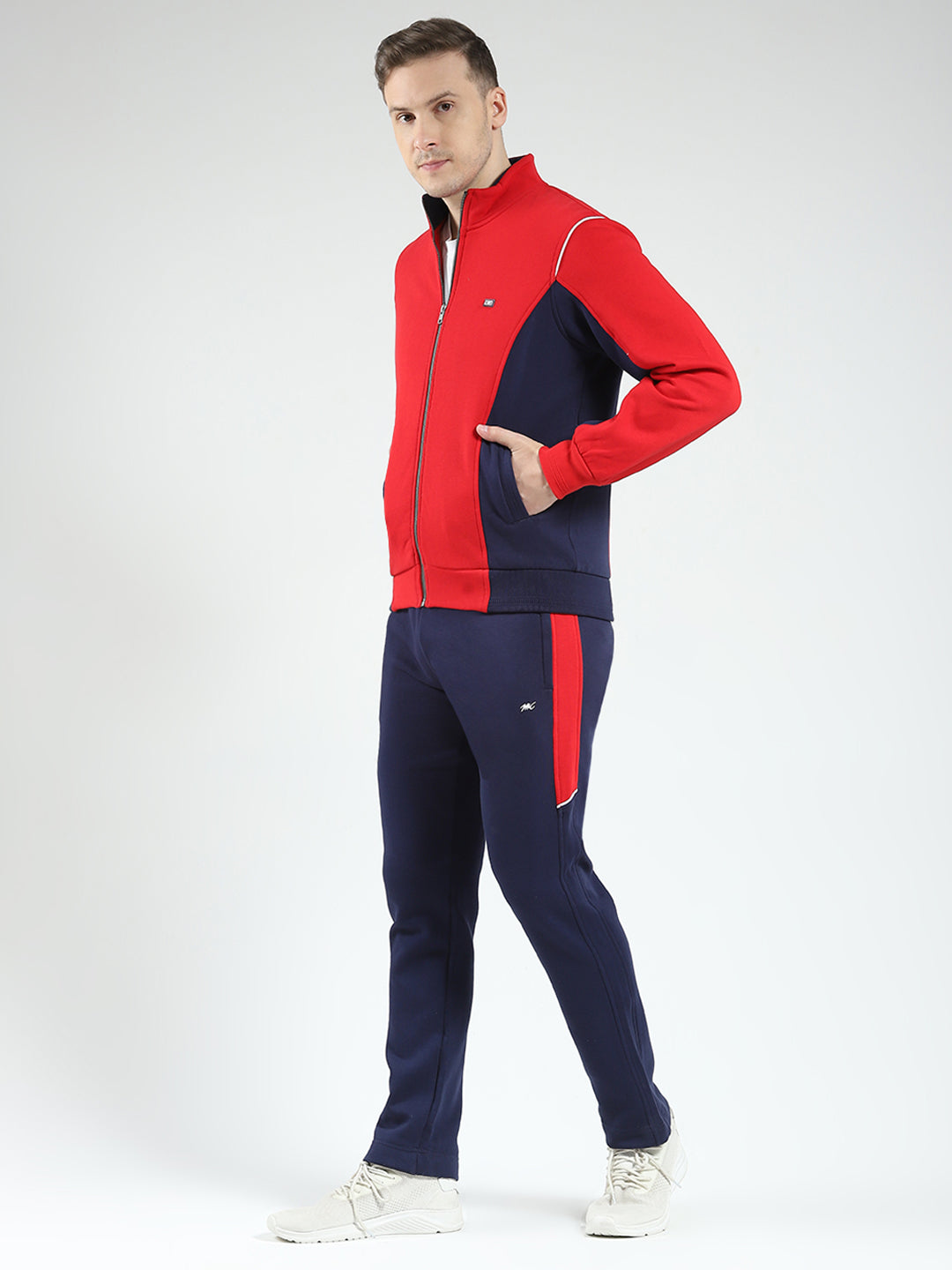 Men Red & Navy Blue Solid Mock Neck Full Sleeve Winter Tracksuit