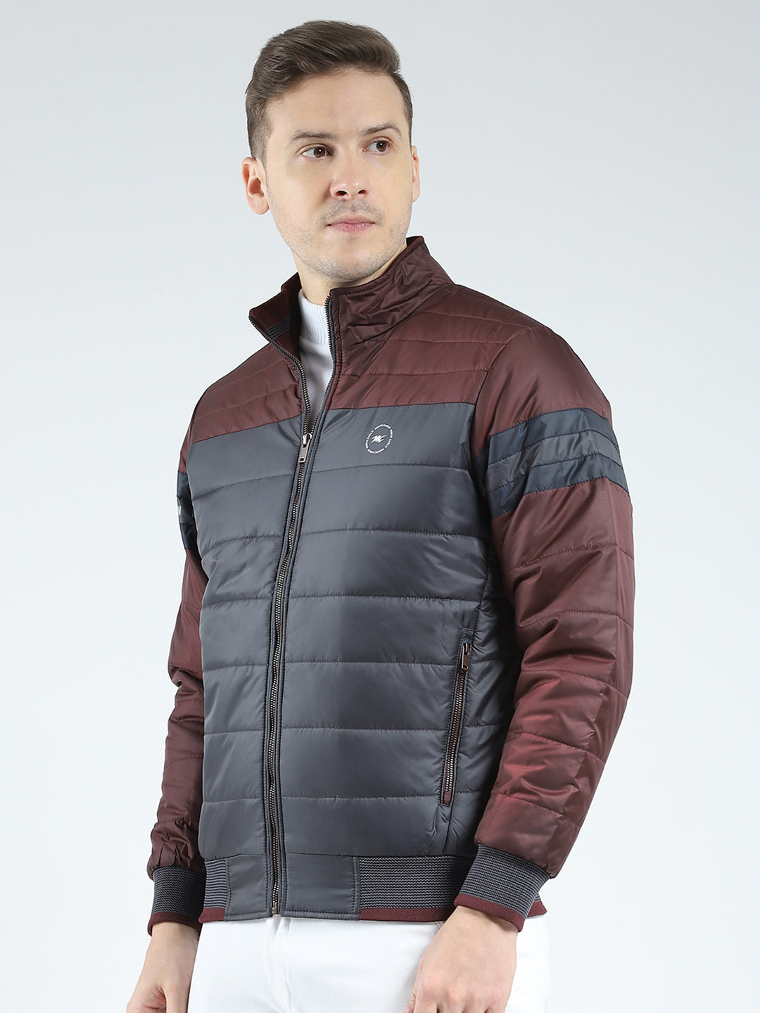 Men Maroon Solid Mock Neck Full Sleeve Jacket