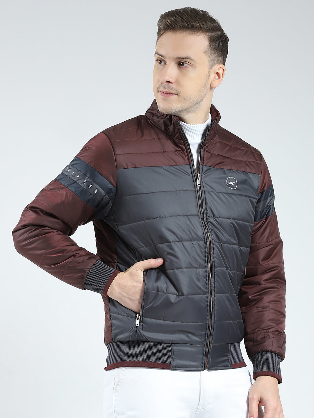 Men Maroon Solid Mock Neck Full Sleeve Jacket