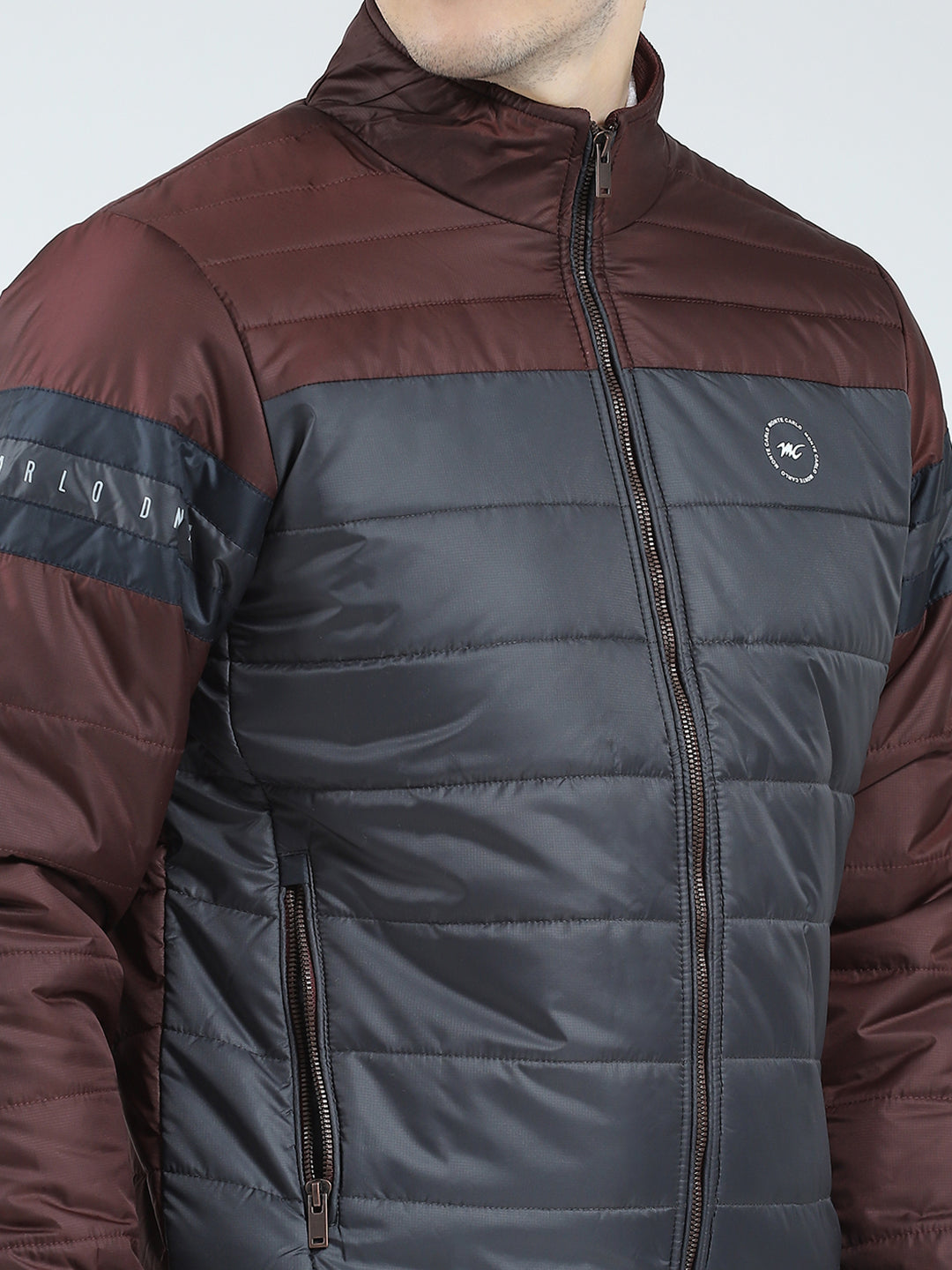 Men Maroon Solid Mock Neck Full Sleeve Jacket