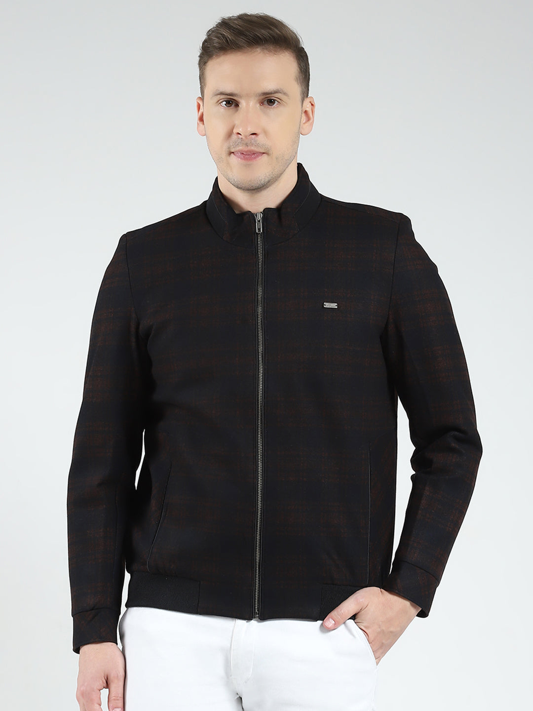 Men Navy Blue Check Mock Neck Full Sleeve Coat